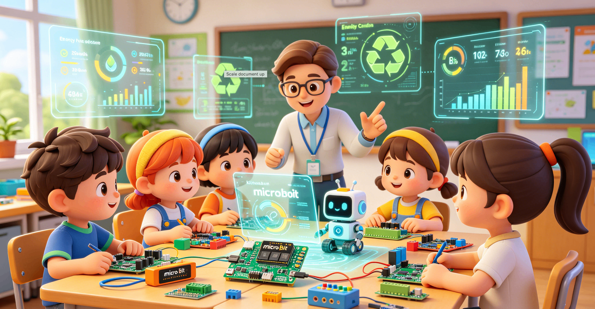 學生們圍著桌子使用 micro:bit 與 AI 學習智能班房減碳